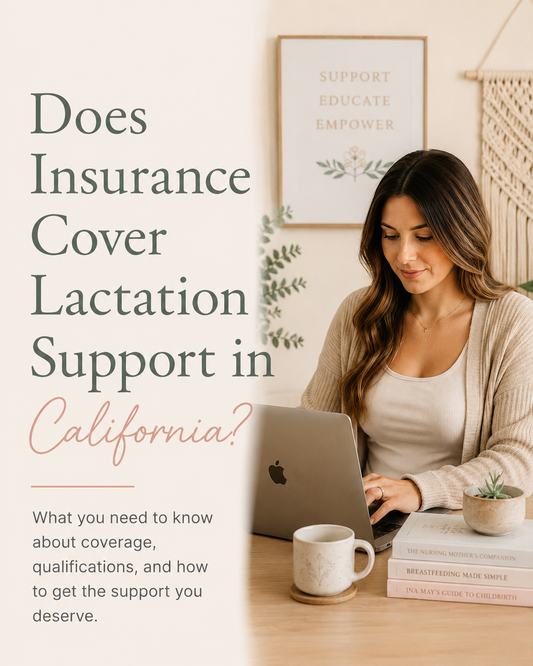 Woman receiving insurance-covered lactation support in California while working on a laptop in a calm breastfeeding education office.
